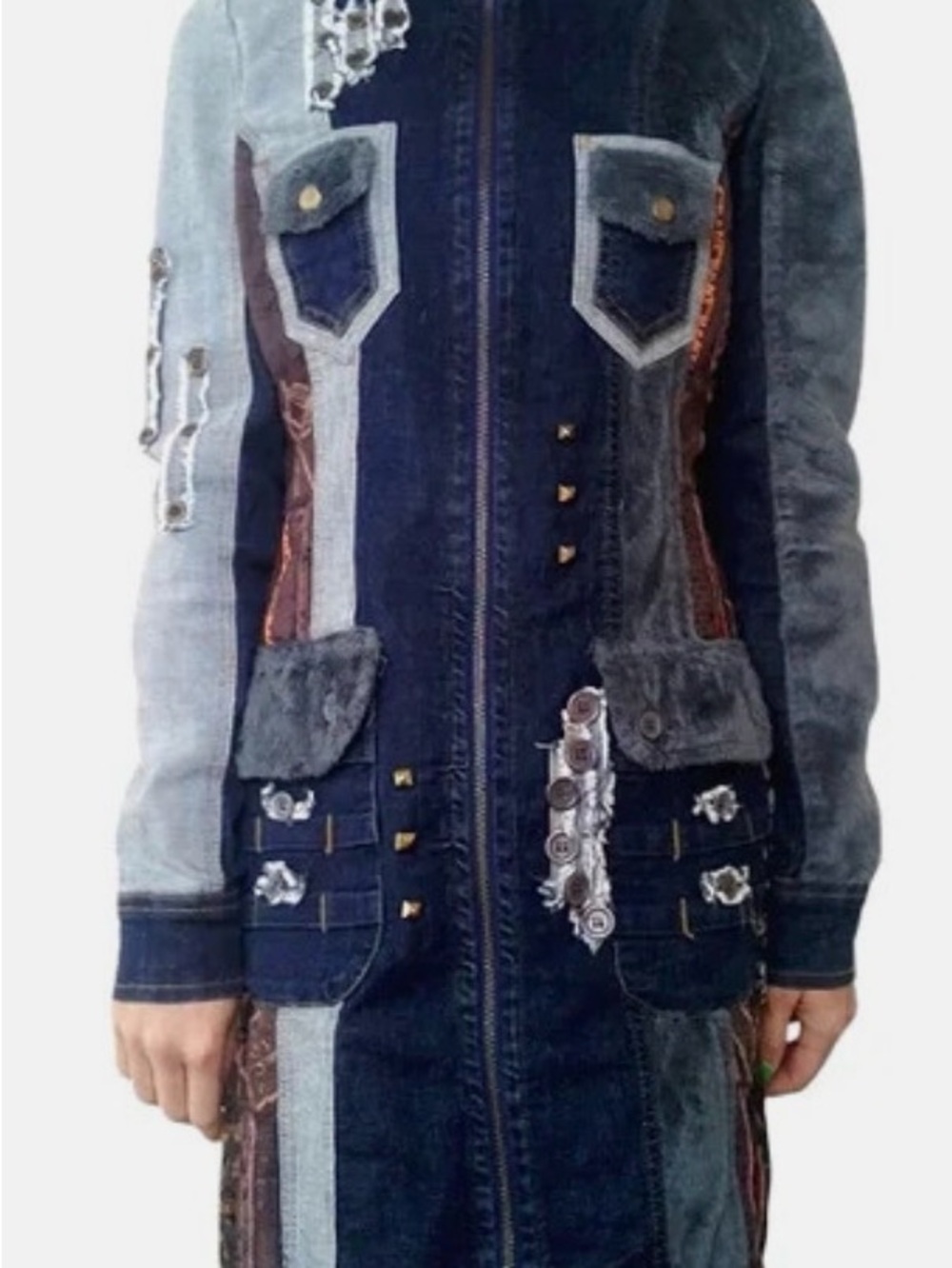 Tricotto Denim Patchwork Retro Long Jacket in Dark and Light Blue Size S